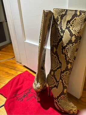 Christian Louboutin Gold and Brown Python-Print Knee Boots